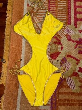 Baby Phat Large L Y2K yellow swimsuit yellow gold rhinestones